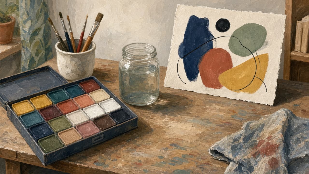 Palette of matte opaque paints beside a flat color study