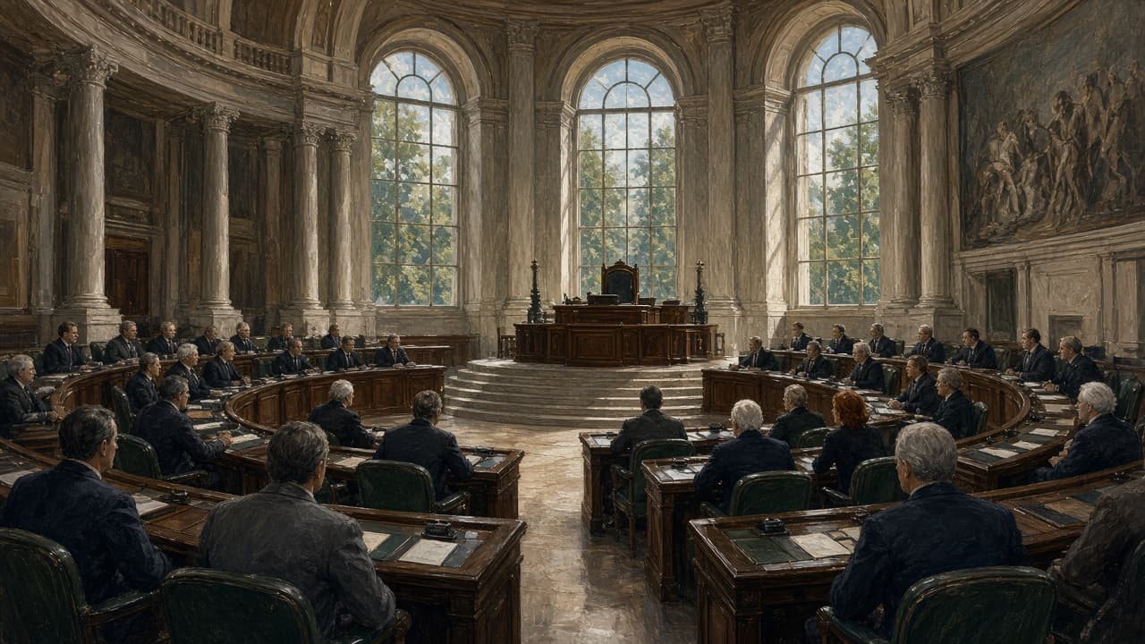 Assembly chamber with desks arranged toward a speaker’s platform