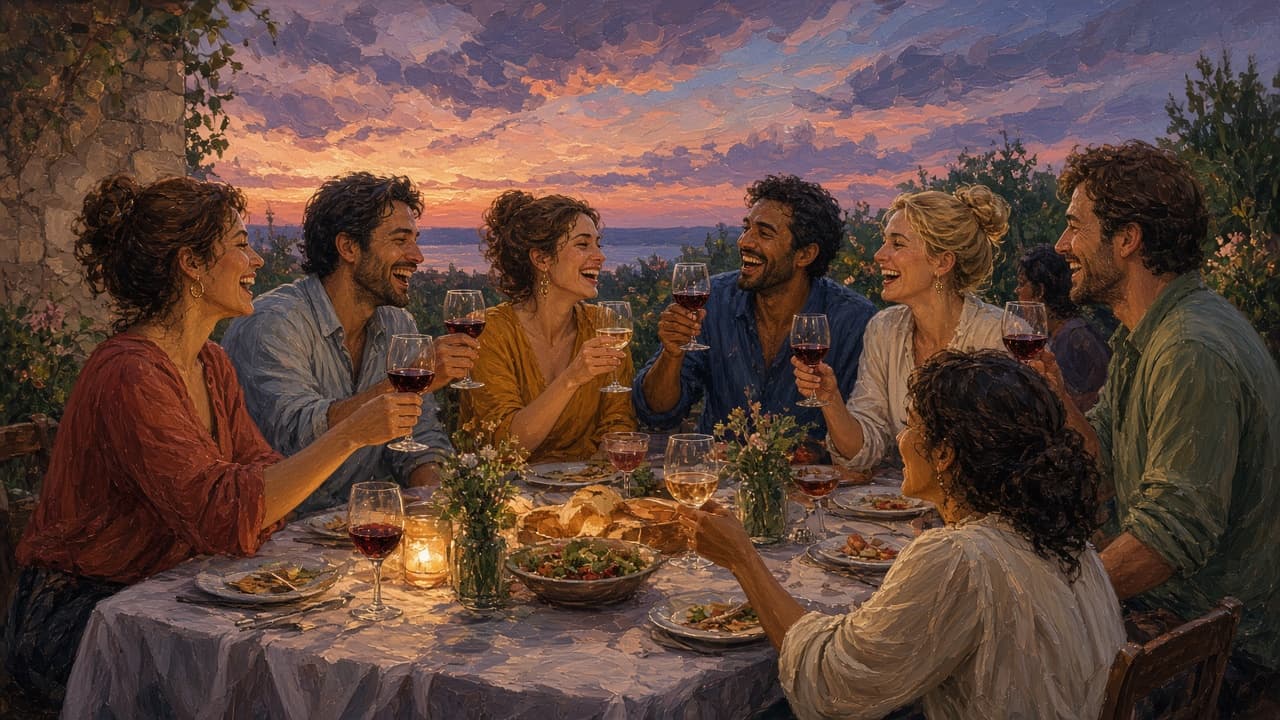 Lively group sharing a picnic together