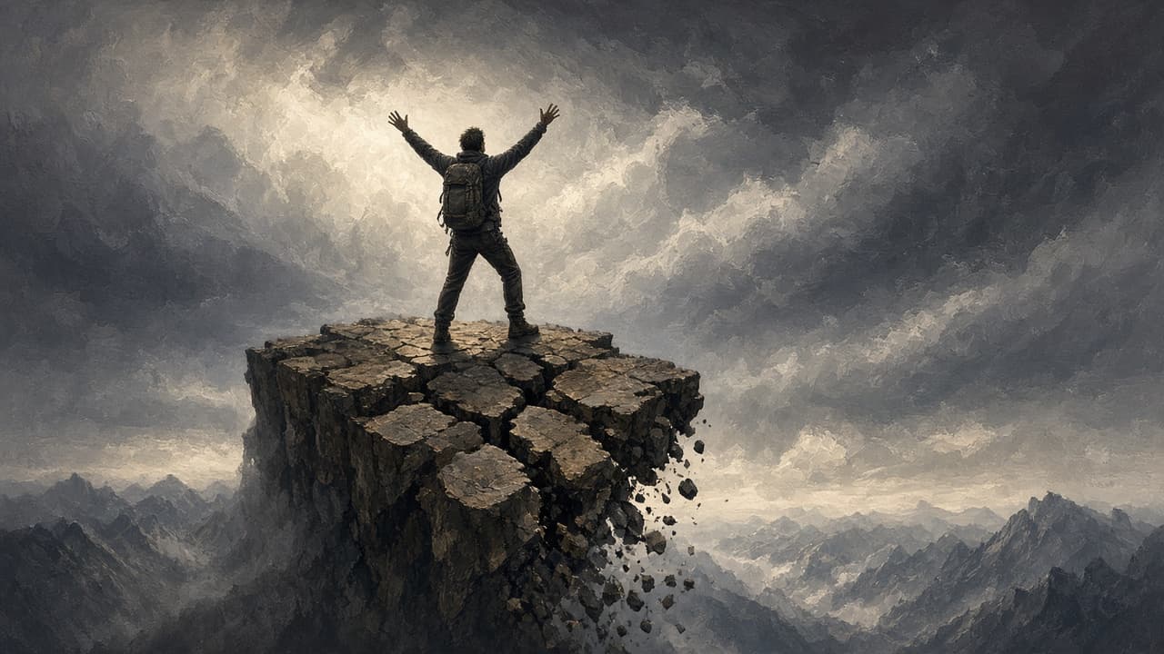 Proud figure posing on a crumbling cliff ledge