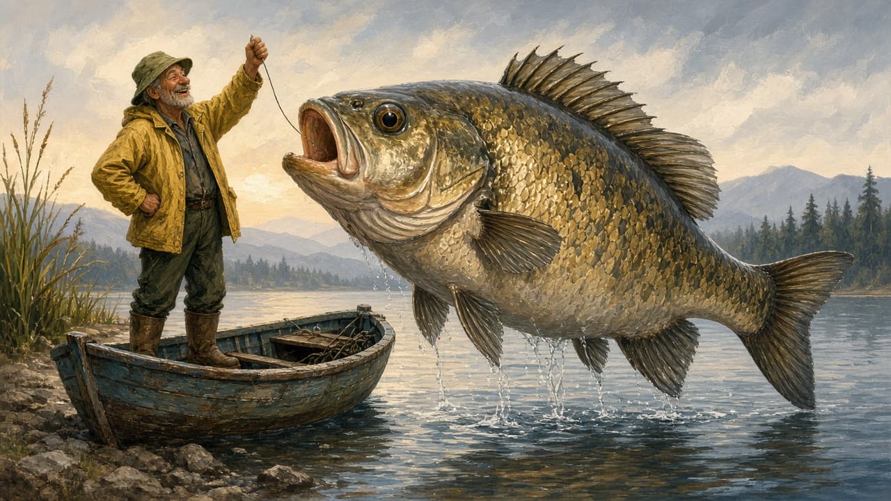 Tiny fisherman holding a comically enormous fish