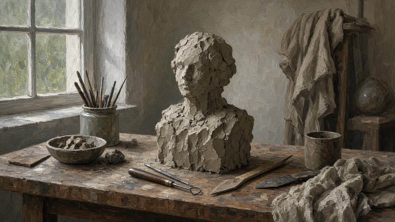 Partly formed clay figure on a sculptor's stand