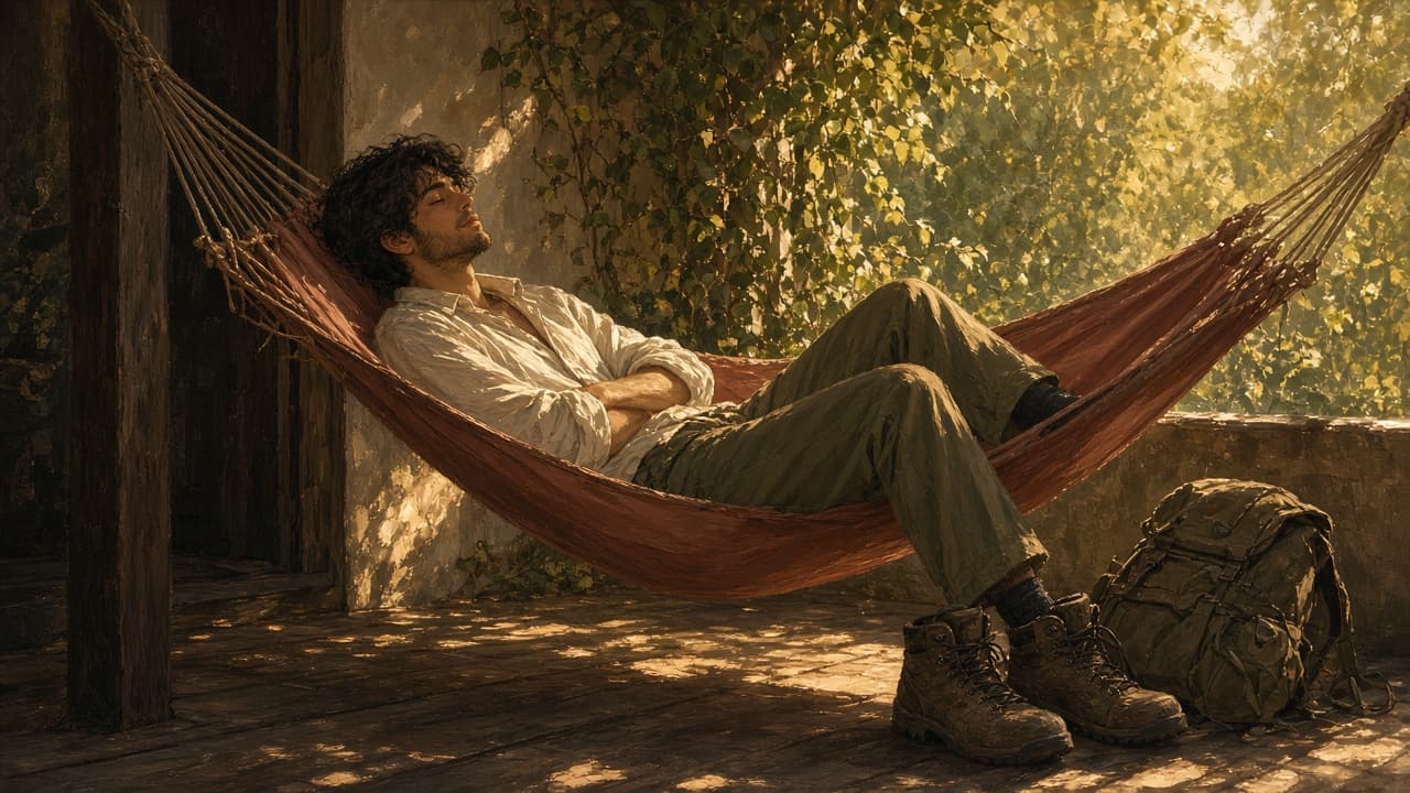 Person lounging in a hammock beside unfinished chores