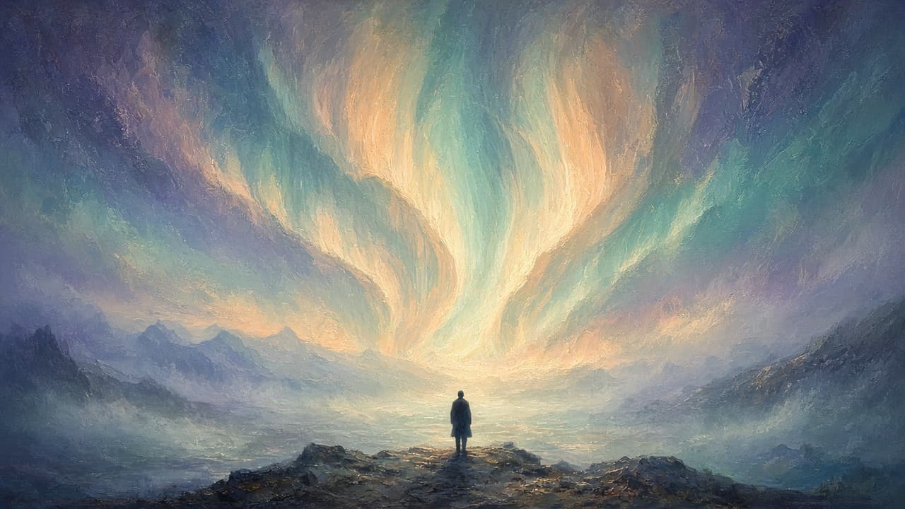 Person struck silent before a vast sunrise vista