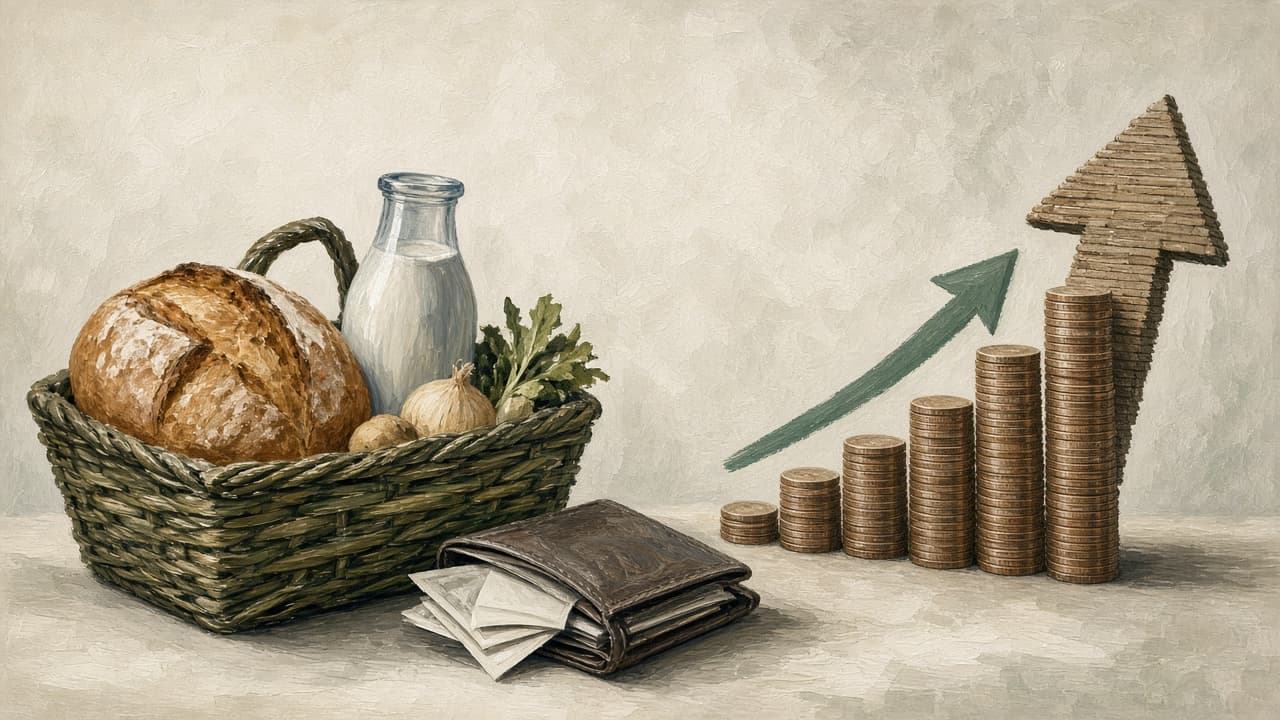 Grocery basket beside a rising price arrow and thinning wallet