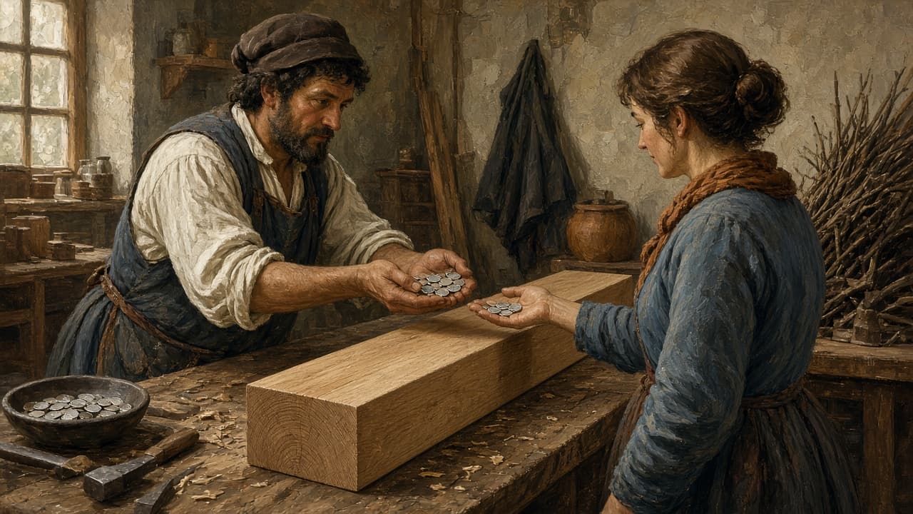 Craftsperson returning coins beside a sound wooden joint