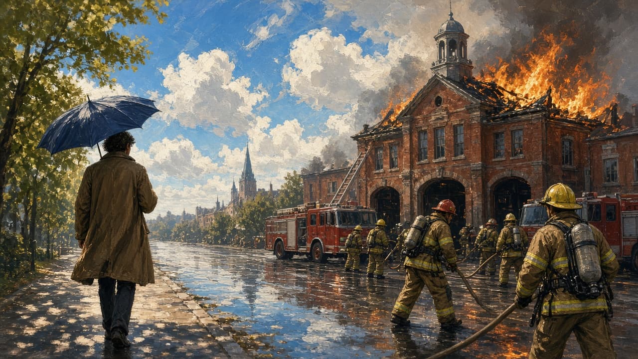 Fire station ablaze and unused umbrella under sun
