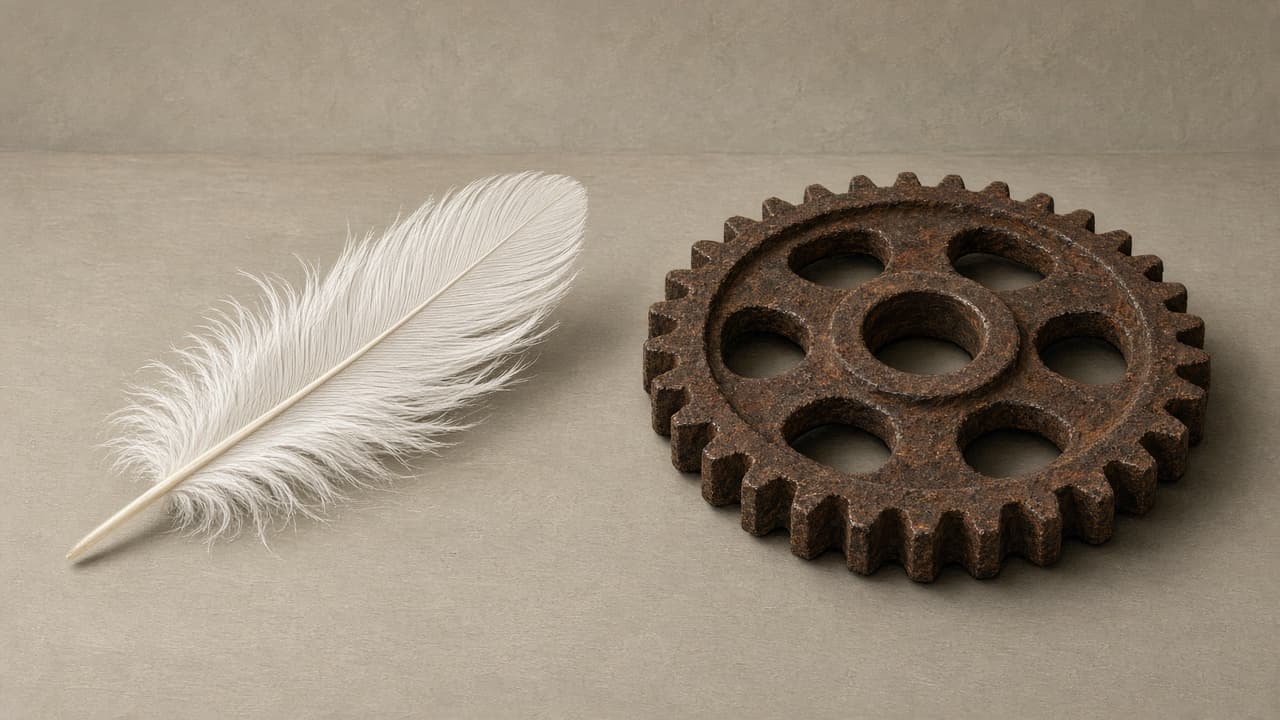 White feather placed beside a rusty iron gear