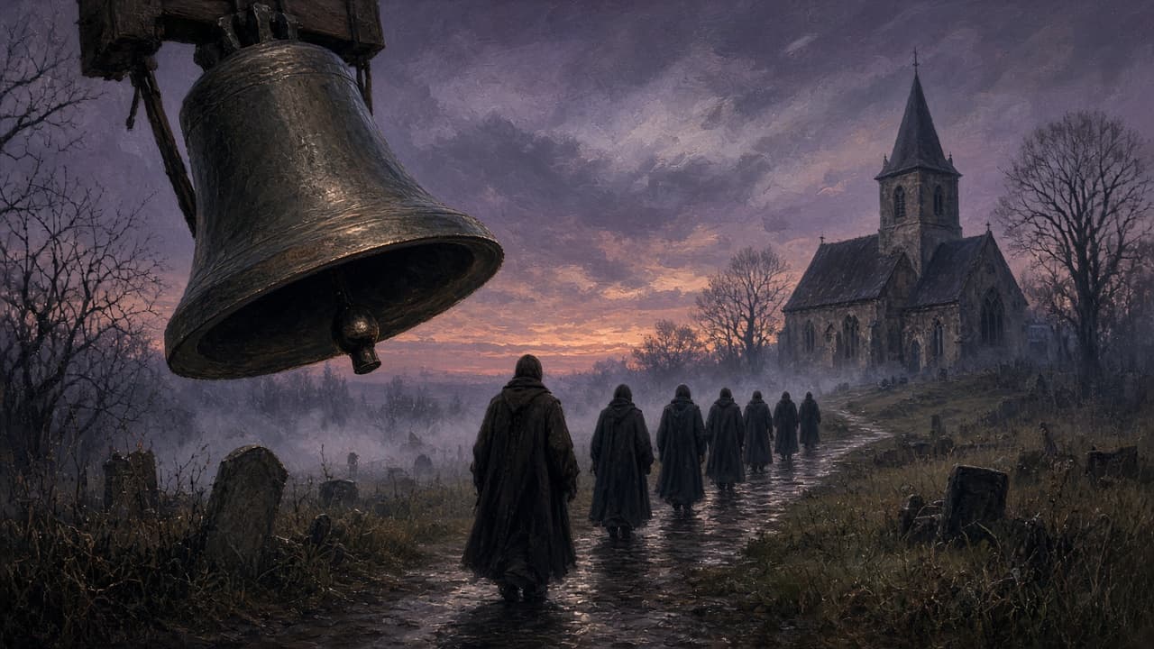Slow-swinging bell above a twilight funeral path