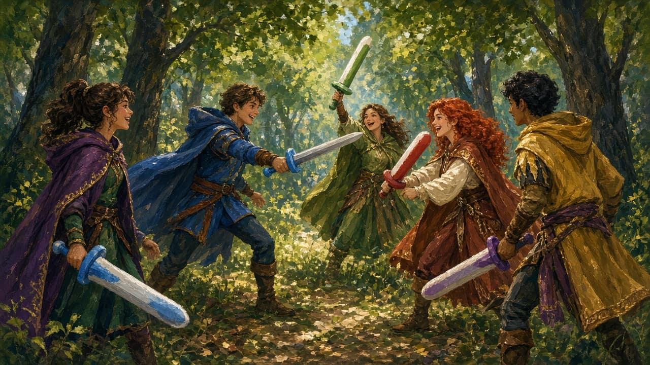 Costumed players with foam swords in a wooded clearing
