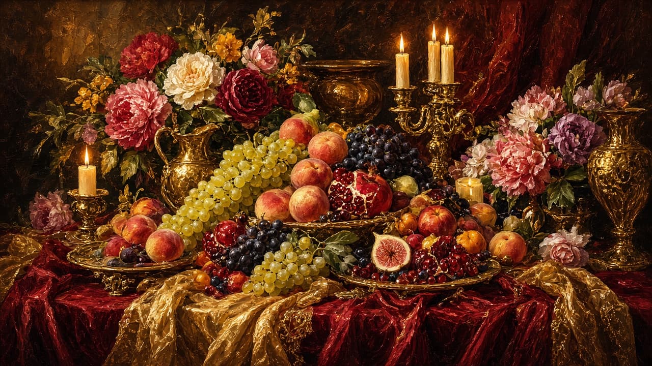Overflowing banquet table of fruit and flowers