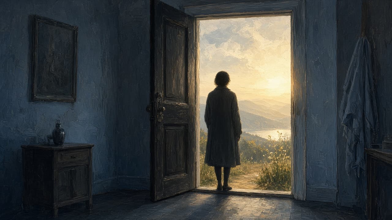 Person paused in a doorway between dark and light