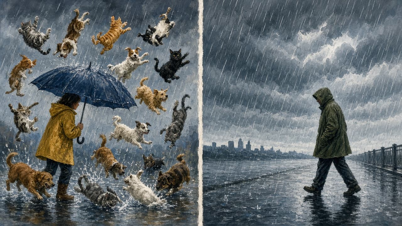 Exact raining animals beside ordinary heavy rain