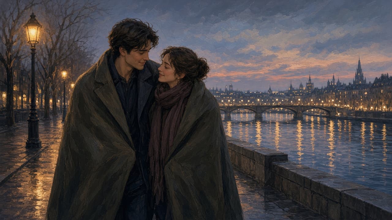 Two people sharing a coat on a cold evening walk