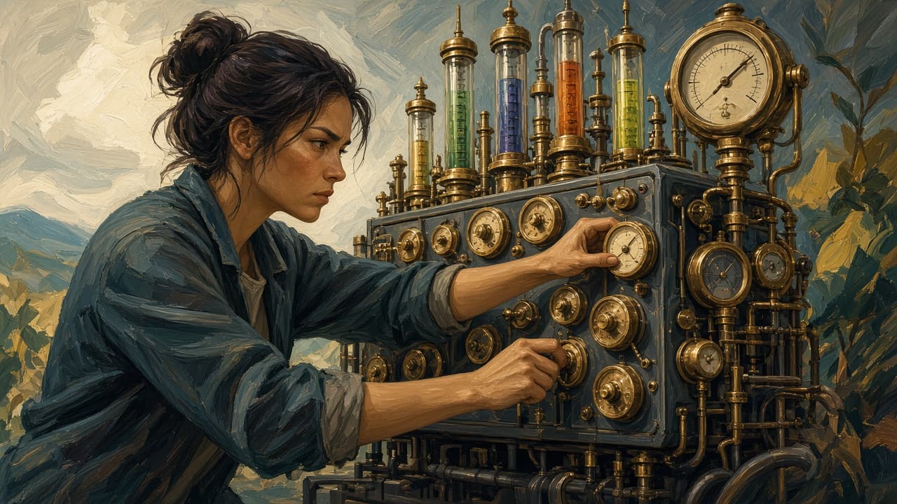 Person adjusting dials on a personal progress dashboard