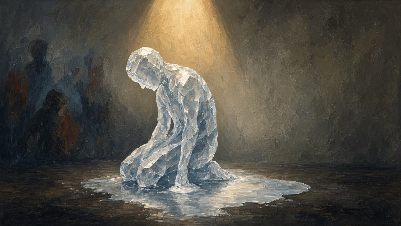 Ice figure drooping under a spotlight heat lamp