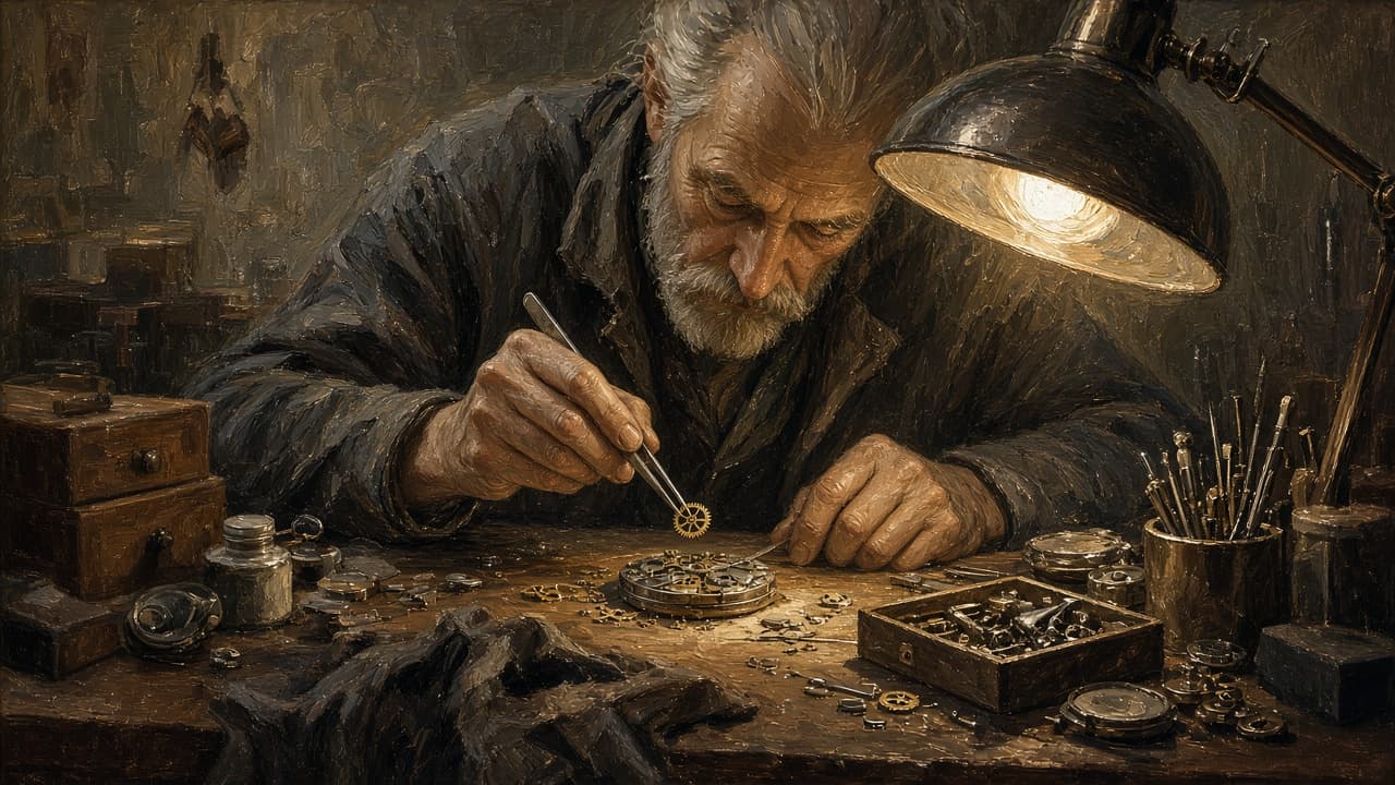Watchmaker aligning tiny gears with tweezers