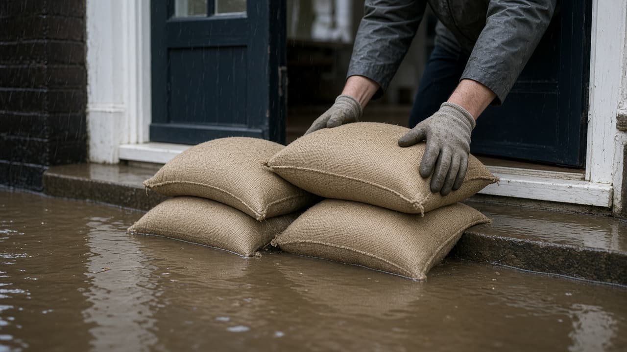 Hands placing sandbags to lower floodwater at a doorway
