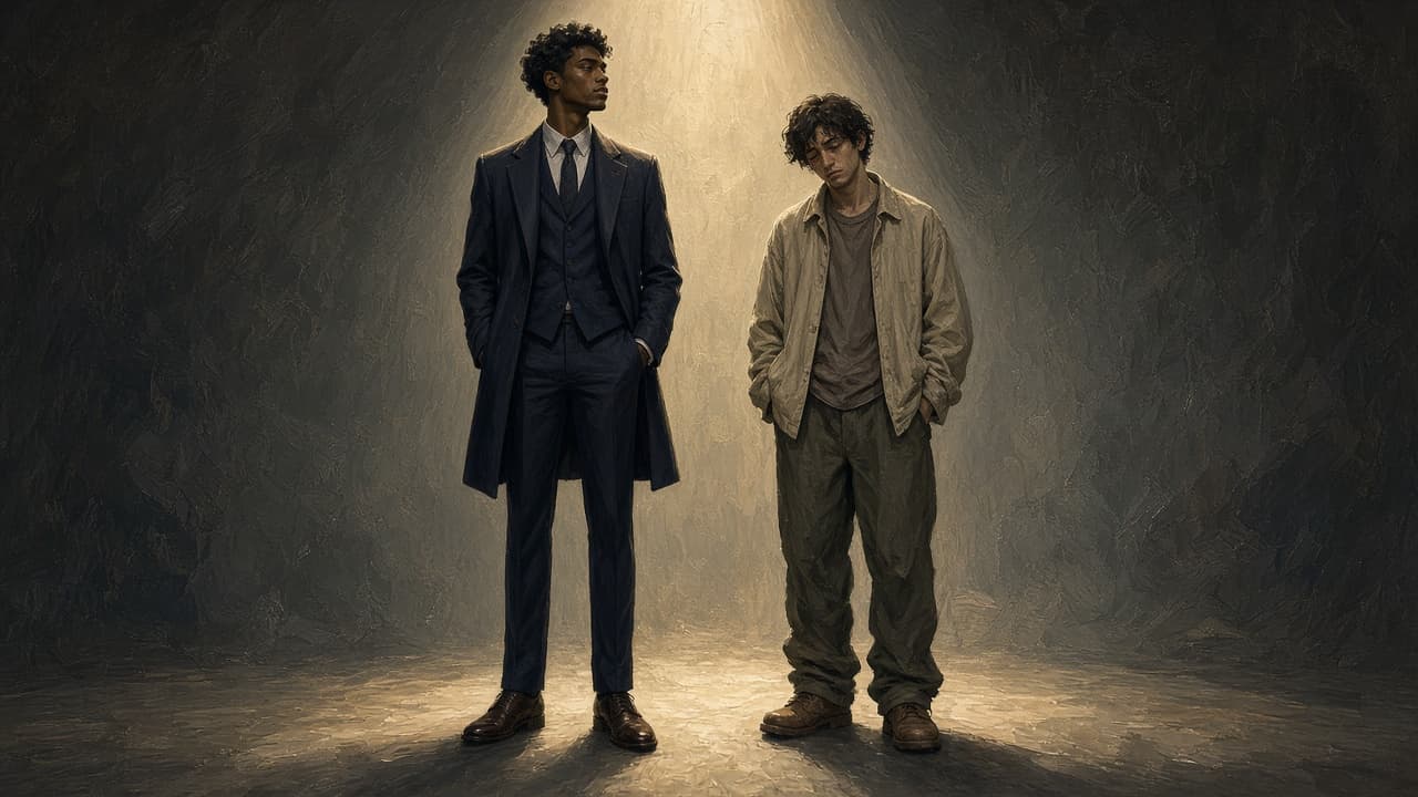 Tall polished figure beside a smaller slumped companion under bright light