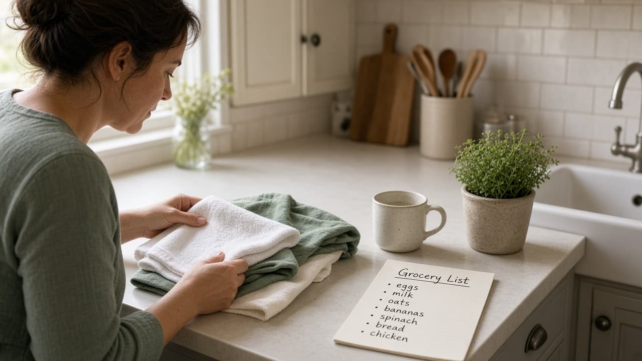 Person folding laundry beside a grocery list on a quiet morning