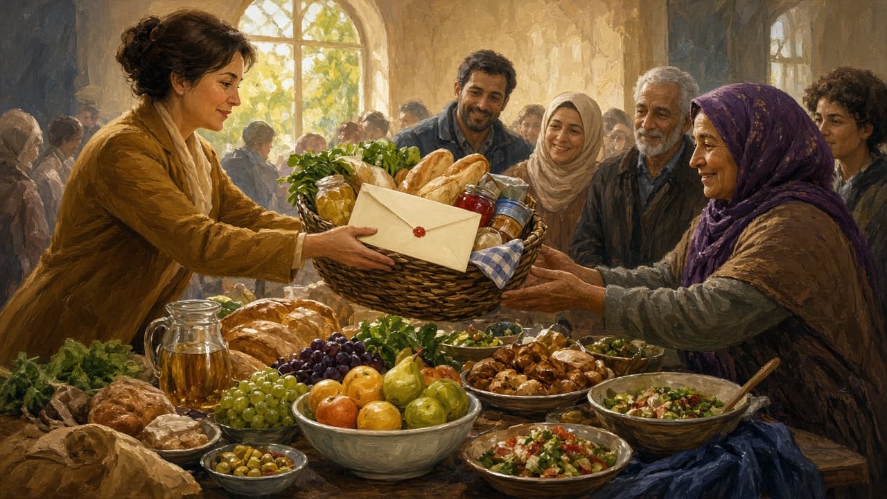 Donor giving a large gift basket at a community table