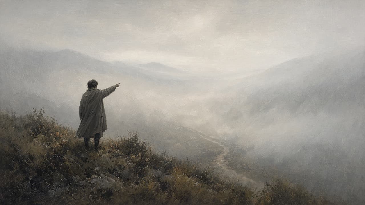 Figure pointing into thick fog with no clear path