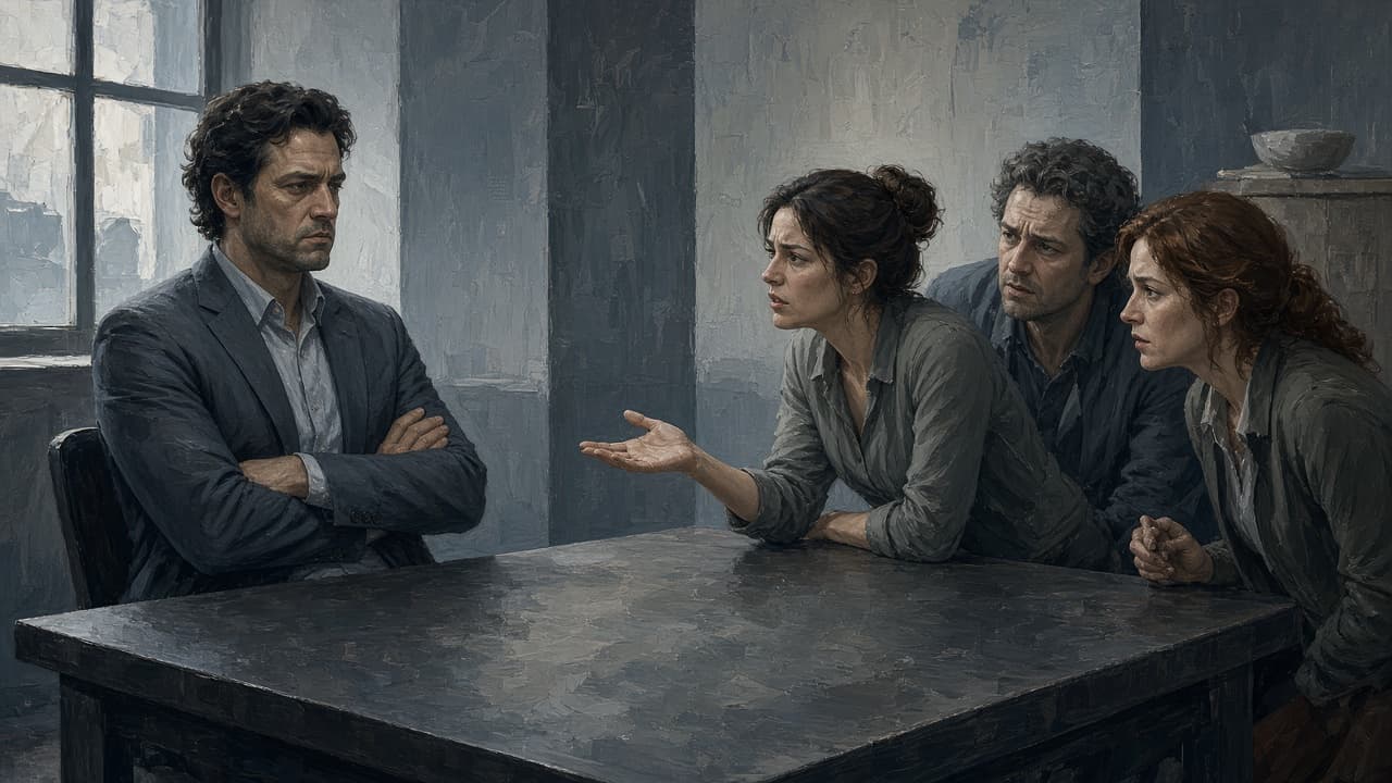 Person with crossed arms refusing others at a table