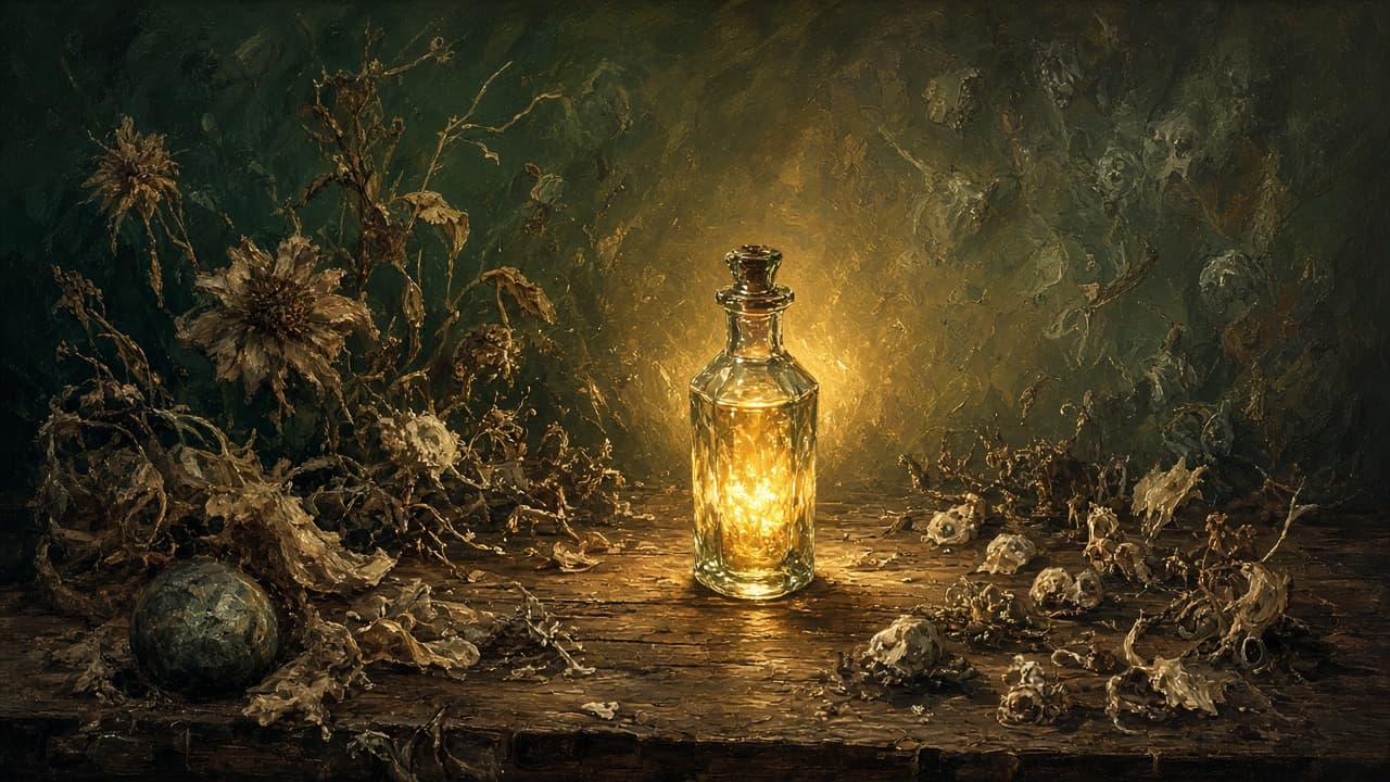 Glowing tonic bottle among many remedy jars