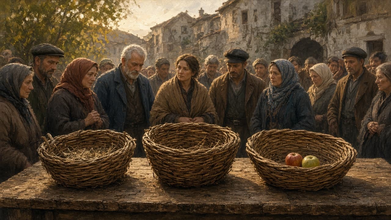 Nearly empty market baskets with two apples left