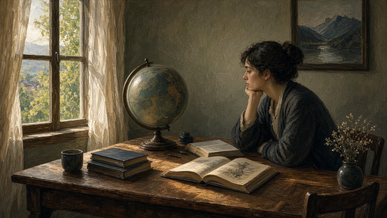 Quiet study with open books and a single thinking figure