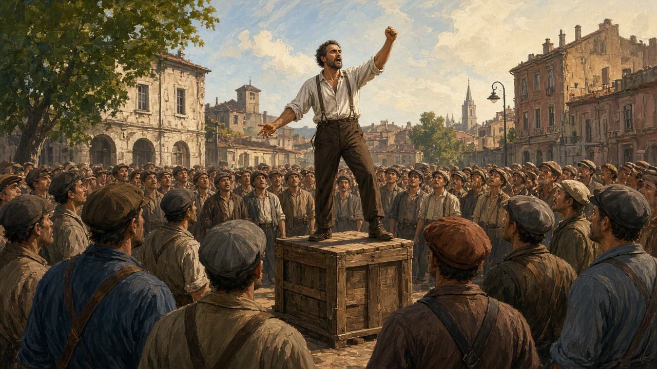 Speaker on a crate addressing a crowd of workers