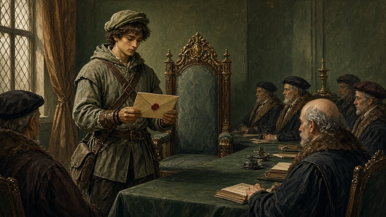 Messenger holding a sealed letter speaking for an absent figure