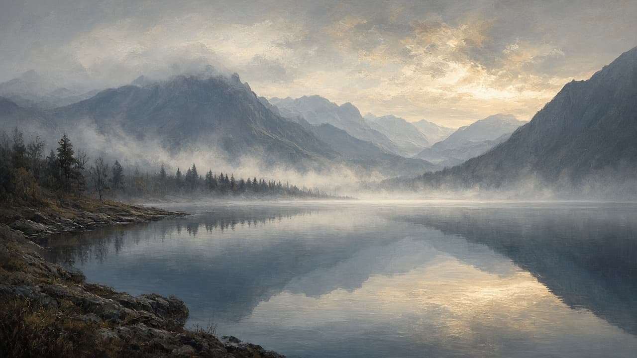 Still alpine lake and empty boat at dawn