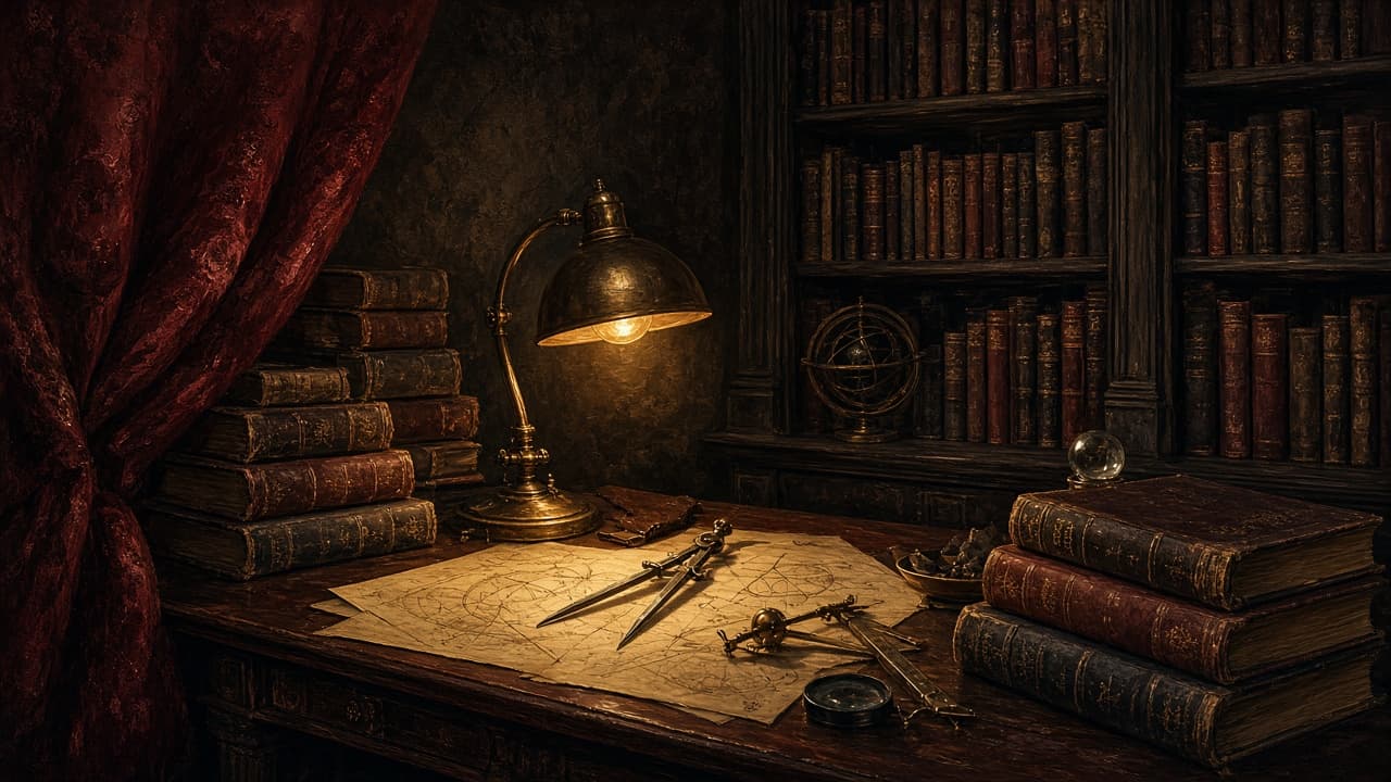 Scholar reading a rare book in a dim alcove
