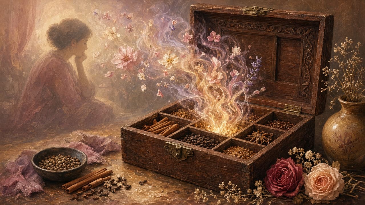 Person inhaling steam from bread and spices