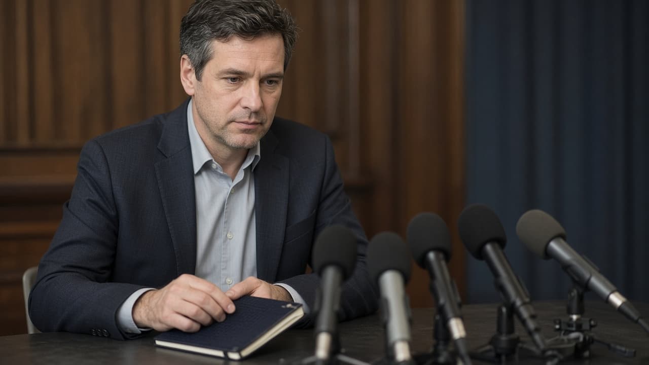 Person closing a notebook while reporters wait with microphones