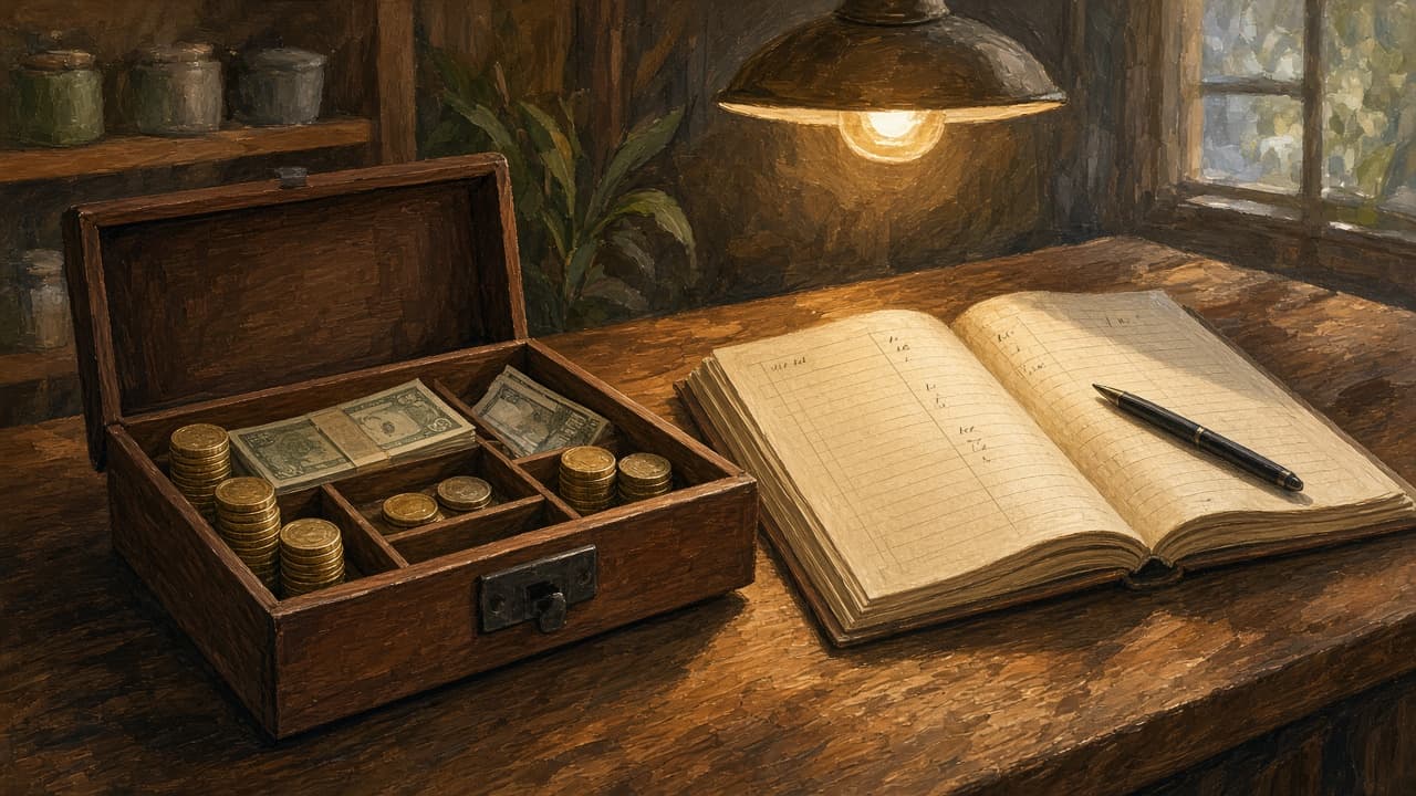 Open cash drawer and sales ledger under a shop lamp