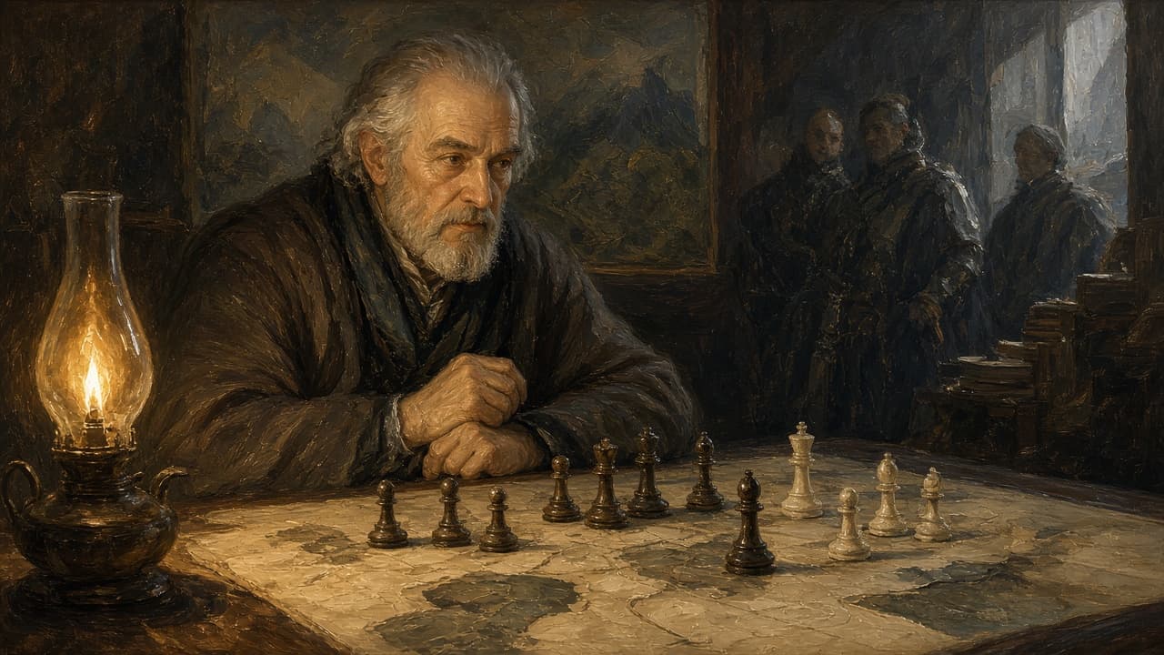 Older mentor studying a chessboard carefully