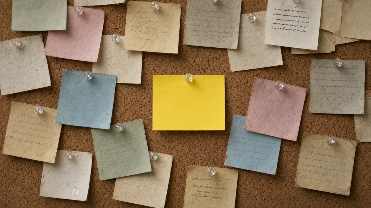 One bright sticky note standing out among faded notes on a board