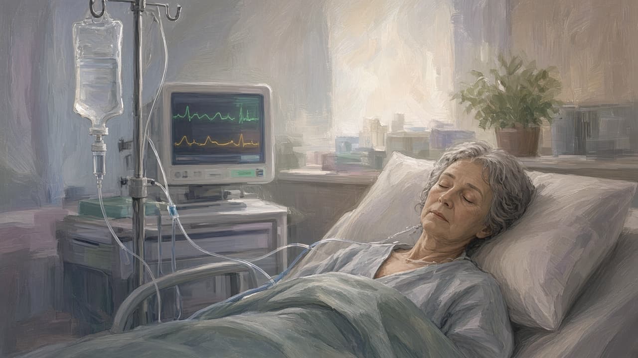 Medical monitors beside a patient receiving IV care