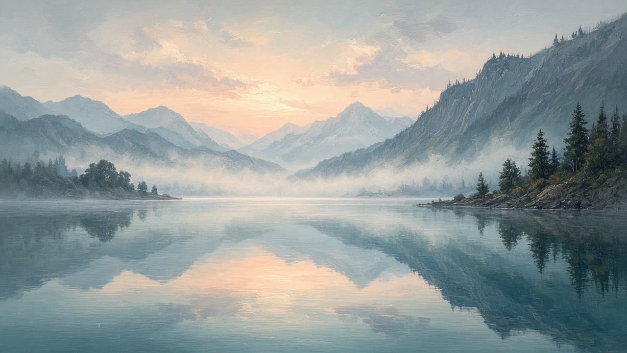 Calm person by a still misty lake at dawn