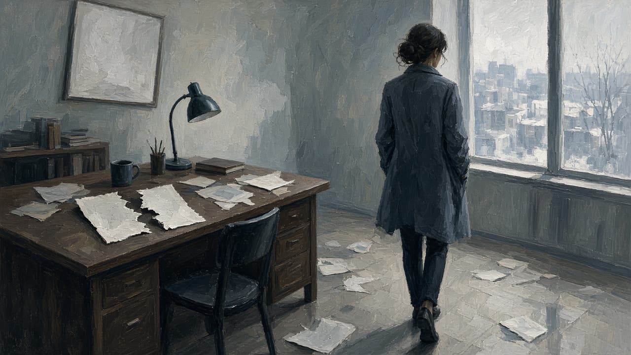 Calm figure walking away from a broken promise on a desk