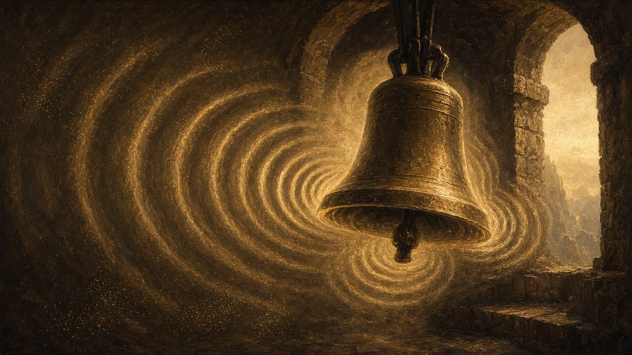 Large brass instrument with glowing sound waves