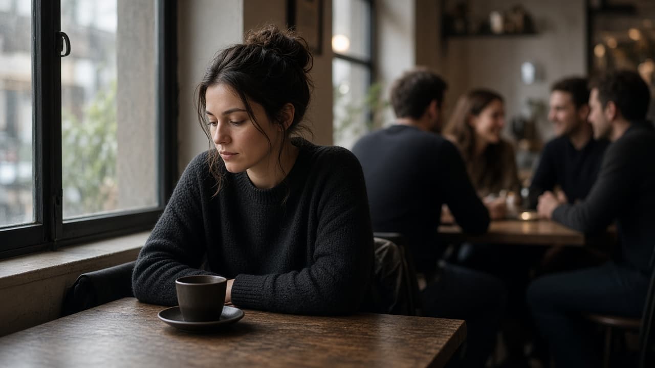 Quiet figure at a cafe table while others chat nearby