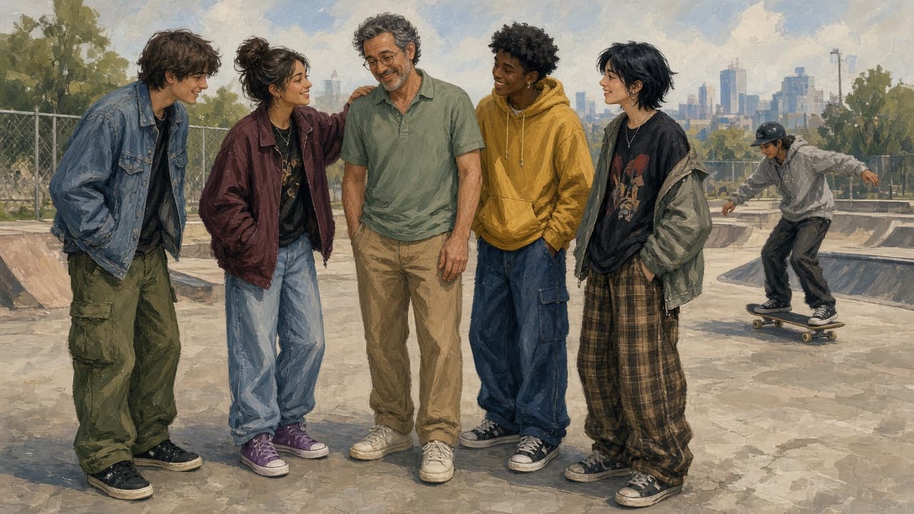 Friendly middle-aged figure in outdated sneakers among trendy teens