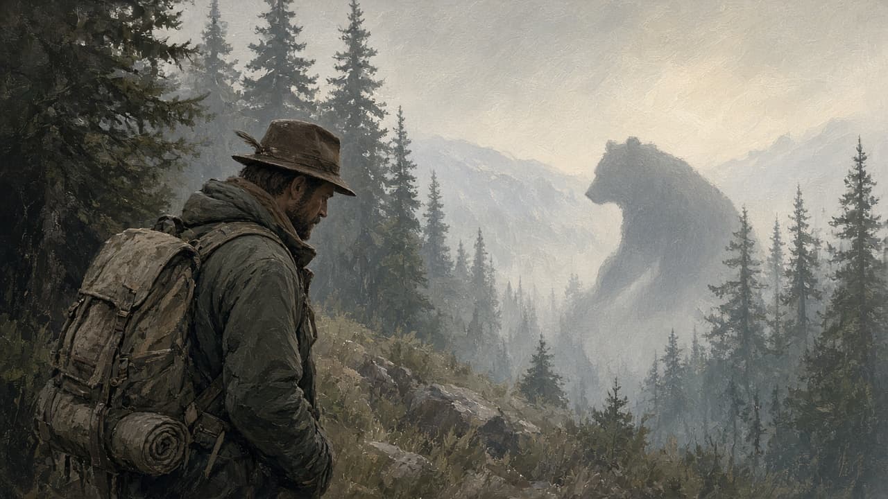 Broad-shouldered figure mirrored by a bear’s silhouette in mist