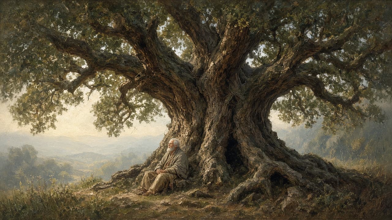 Elderly scholar respectfully touching an ancient oak