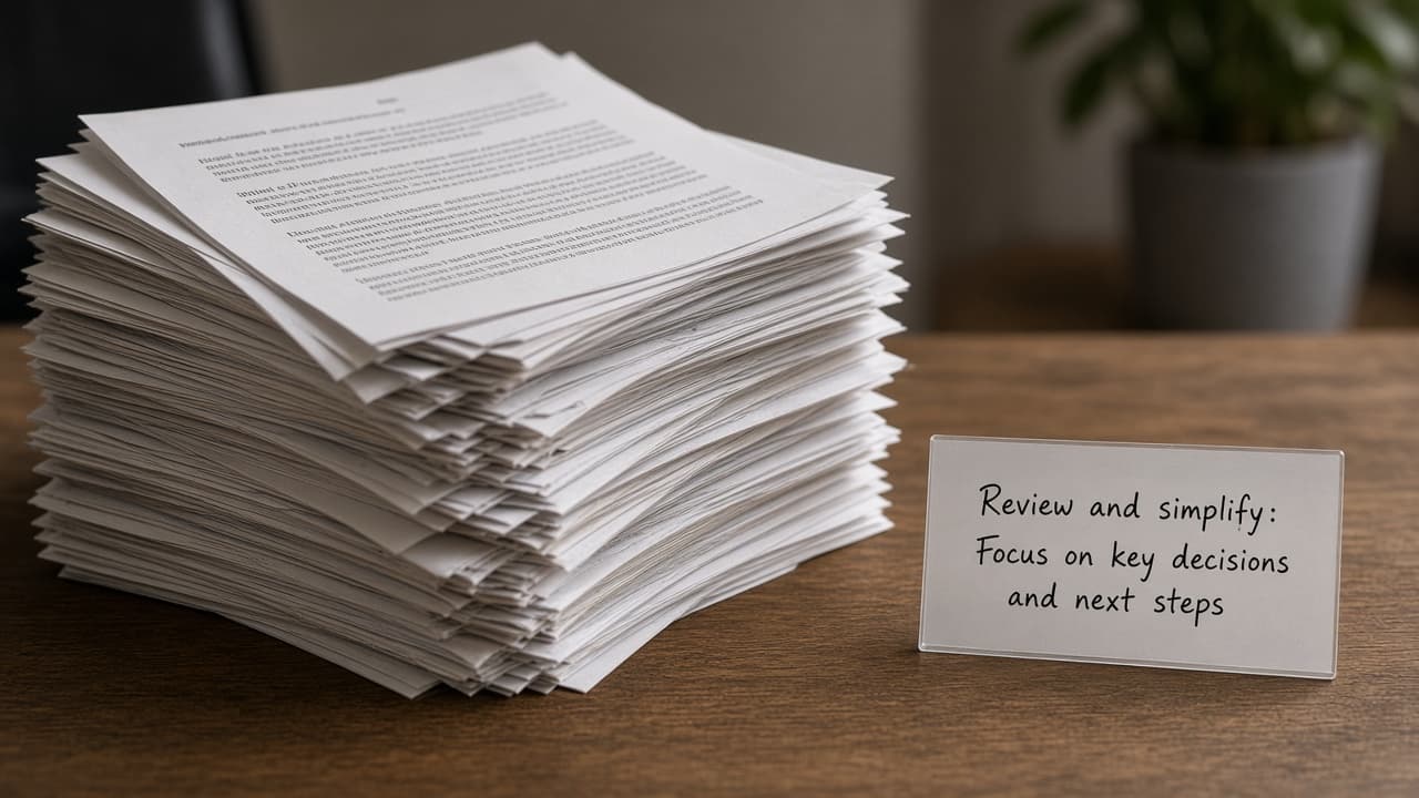 Overflowing stack of pages beside a short clear note card
