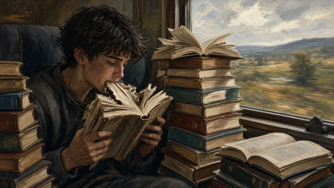 Reader with a tall book stack and empty plate