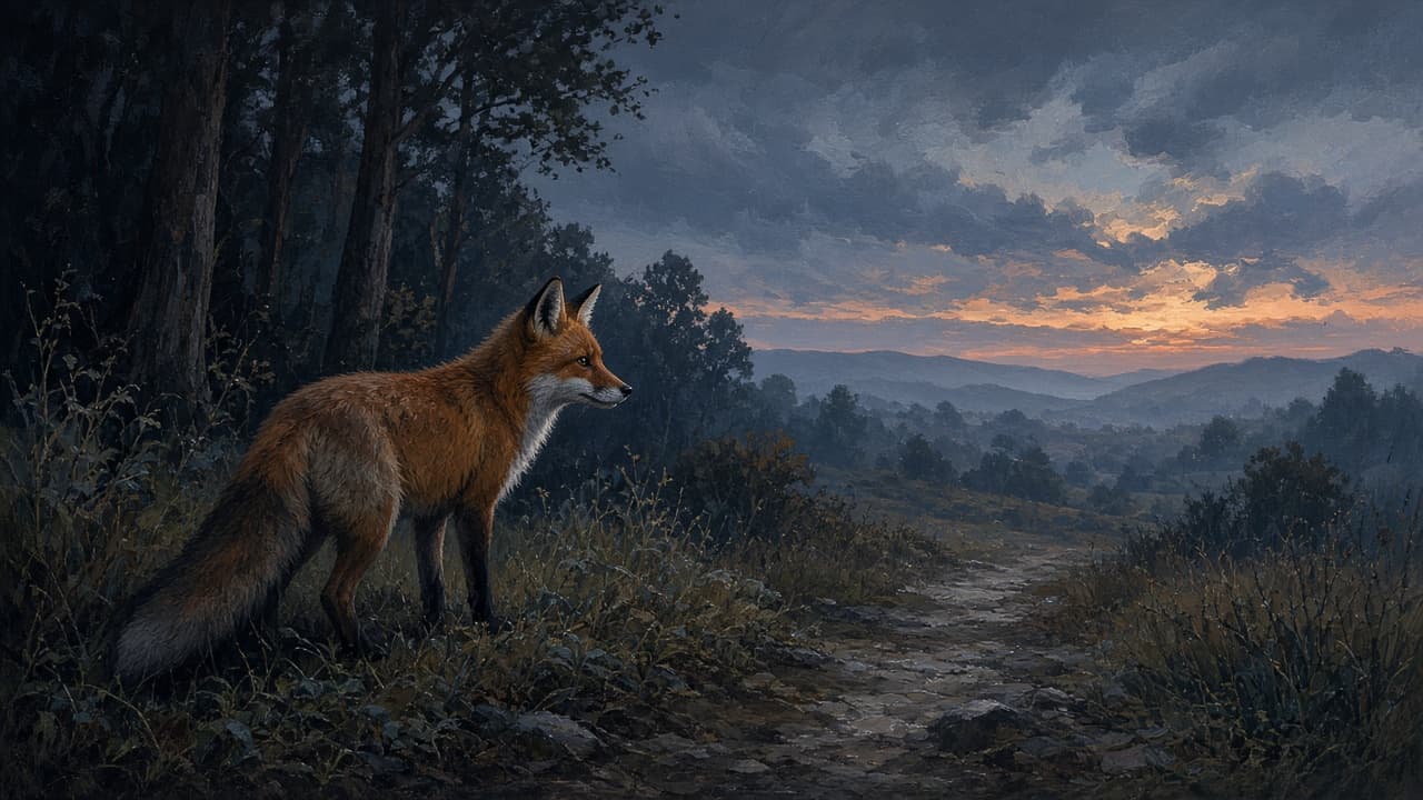Hiker cautiously scanning a dark forest path